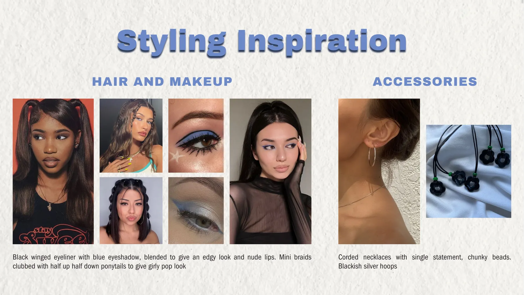 Styling inspiration board for hair, makeup and accessories