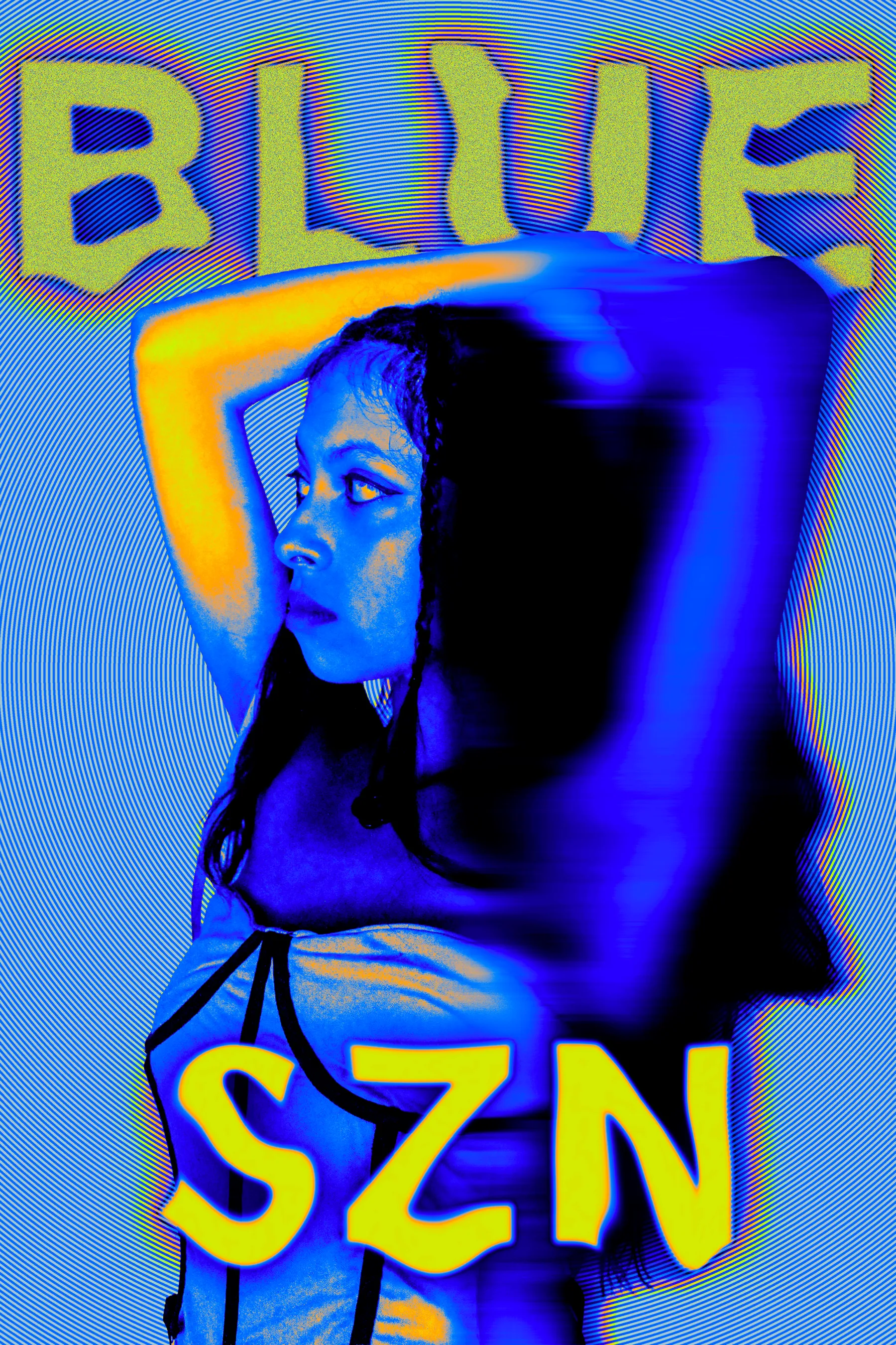 Poster: Blue SZN in yellow over a saturated blue portrait