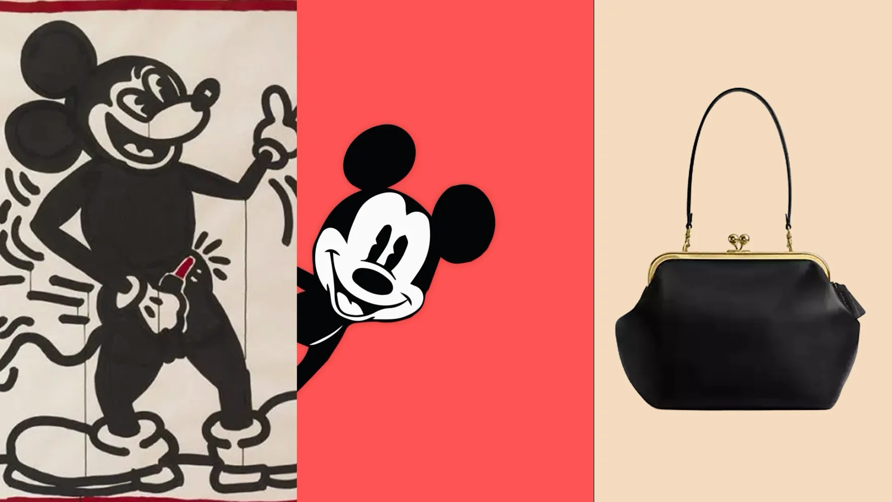 GIF frame: Keith Haring Mickey artwork, cartoon Mickey and a black Coach kisslock bag in three panels