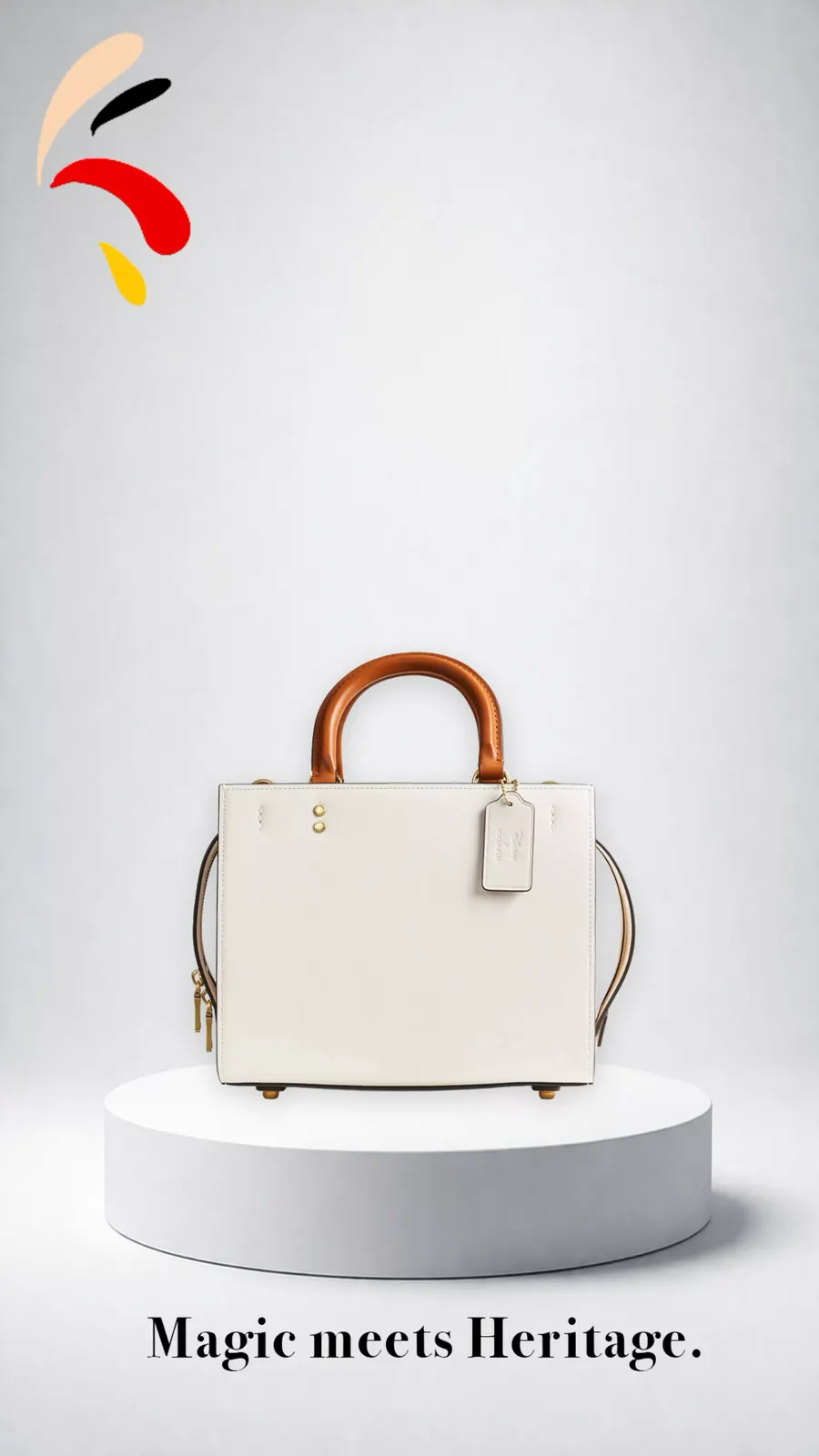 GIF frame: white Coach bag on a plinth with a paint splash