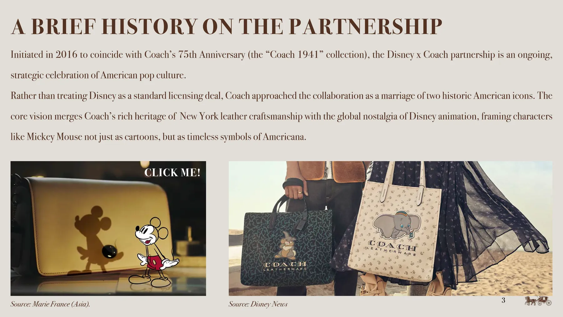 Coach x Disney presentation slide: A brief history of the partnership