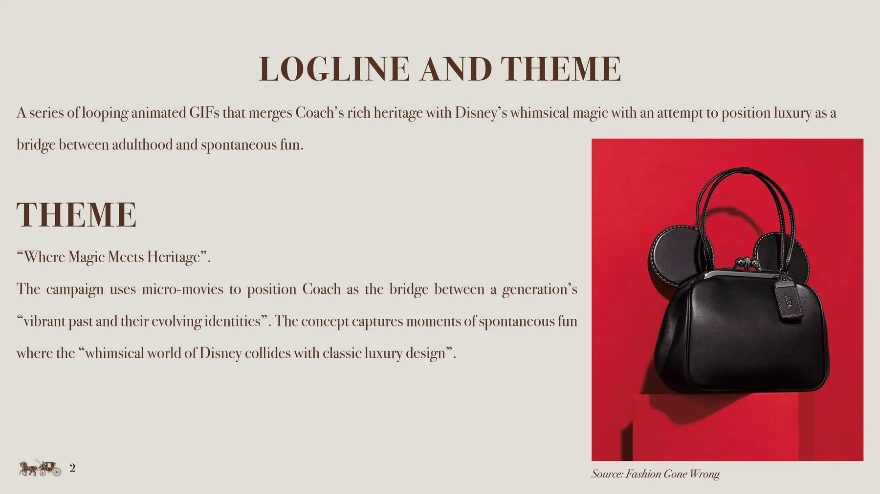 Coach x Disney presentation slide: Logline and theme