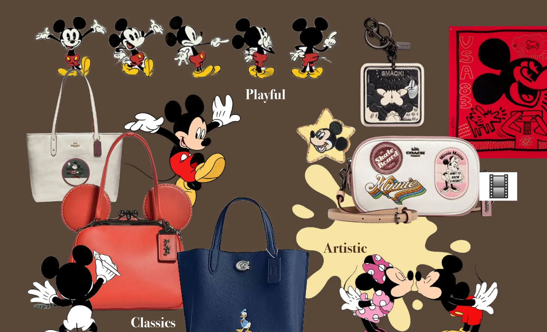Mood board of Coach bags, Mickey and Minnie Mouse, and patches on a brown ground