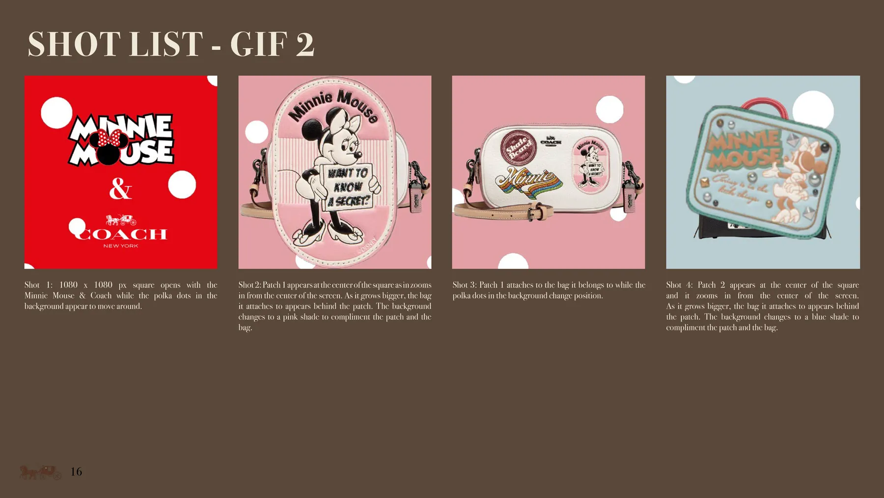 Coach x Disney presentation slide: Shot list, GIF 2