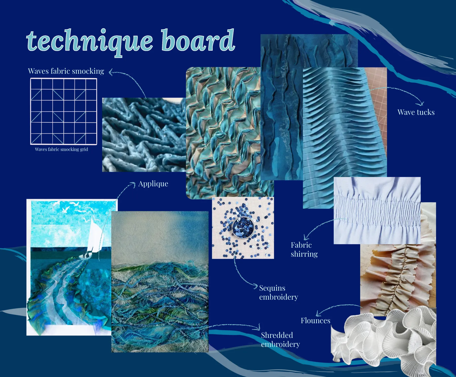 Technique board: smocking, appliqué, sequins, flounces and shirring