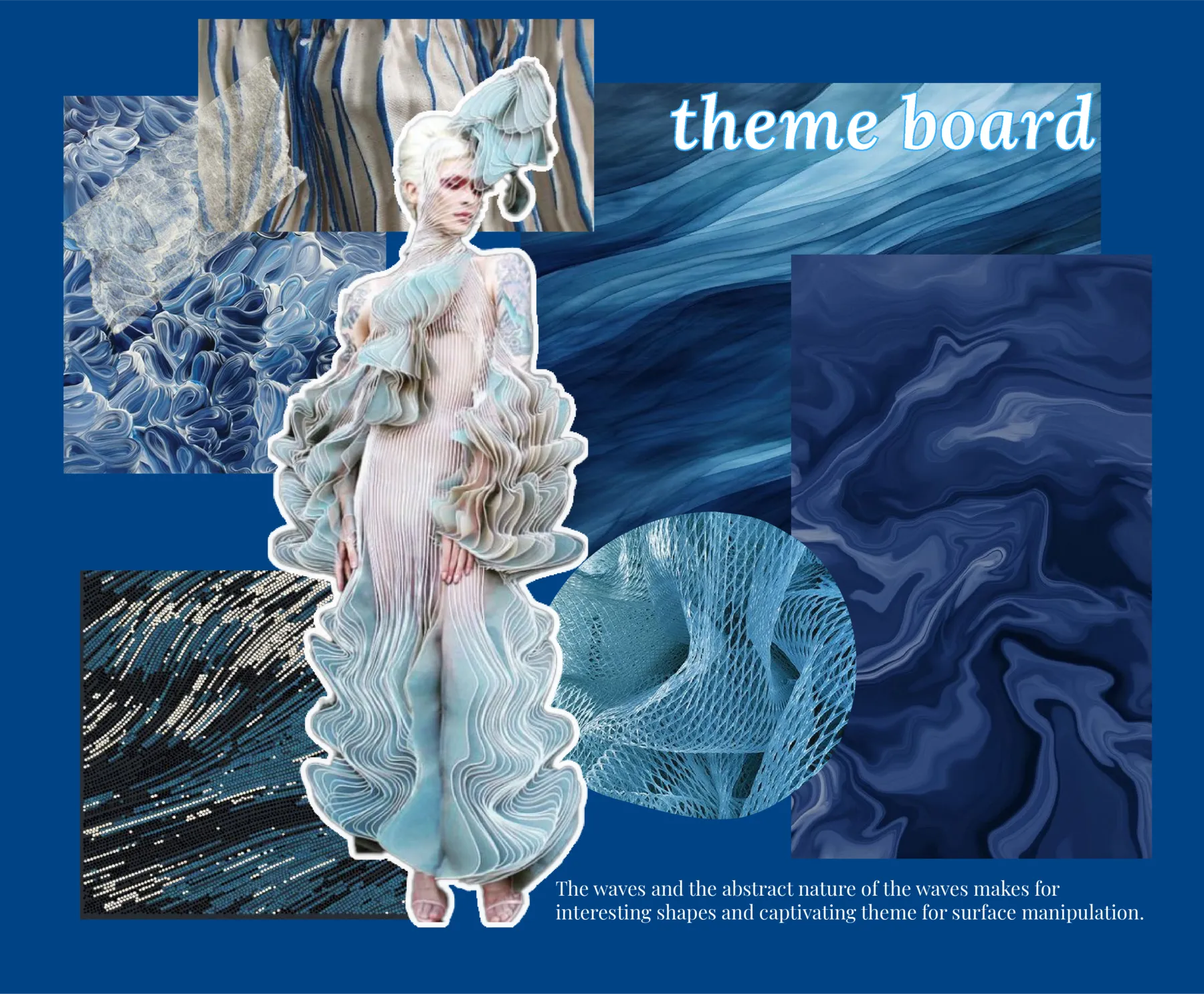 Theme board of wave-like textures and a ruffled gown