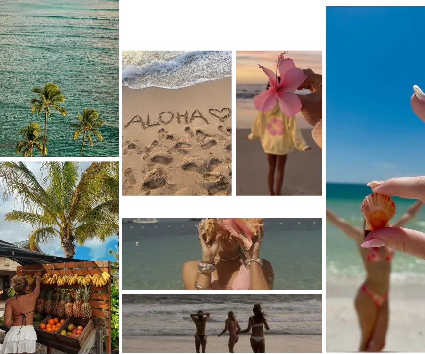 Mood board of palm trees, beach scenes and hibiscus flowers