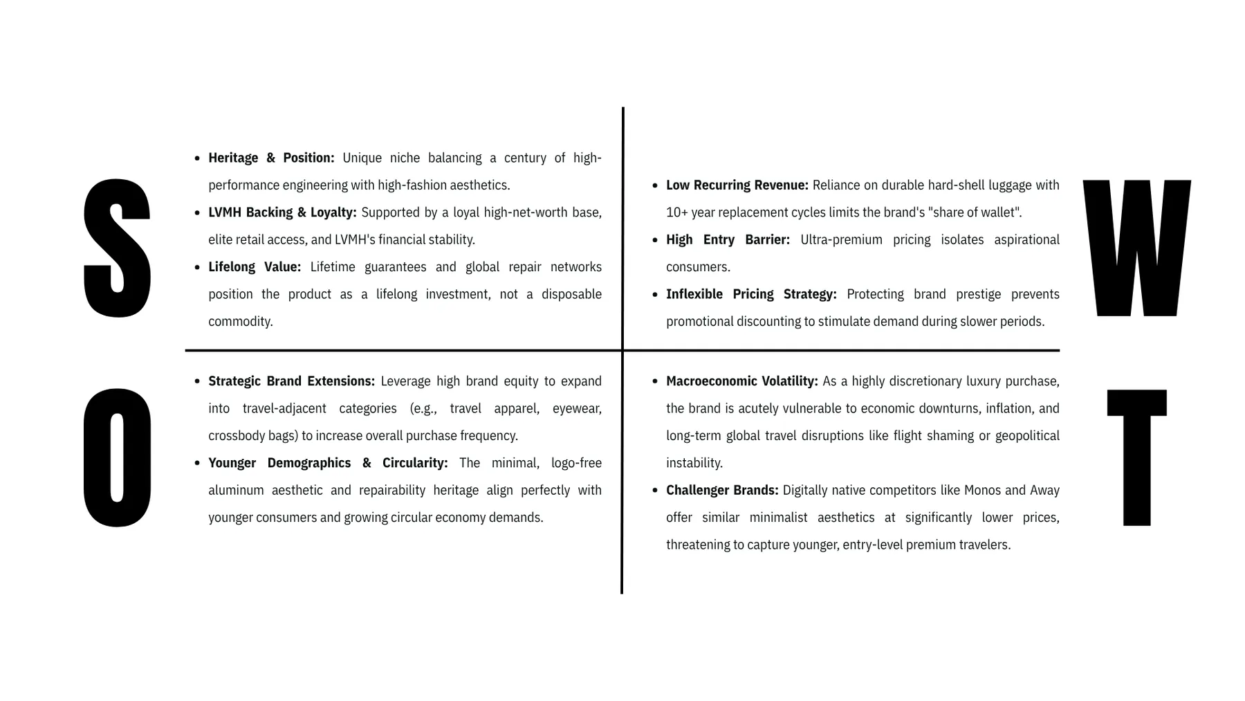 RIMOWA presentation slide: SWOT analysis