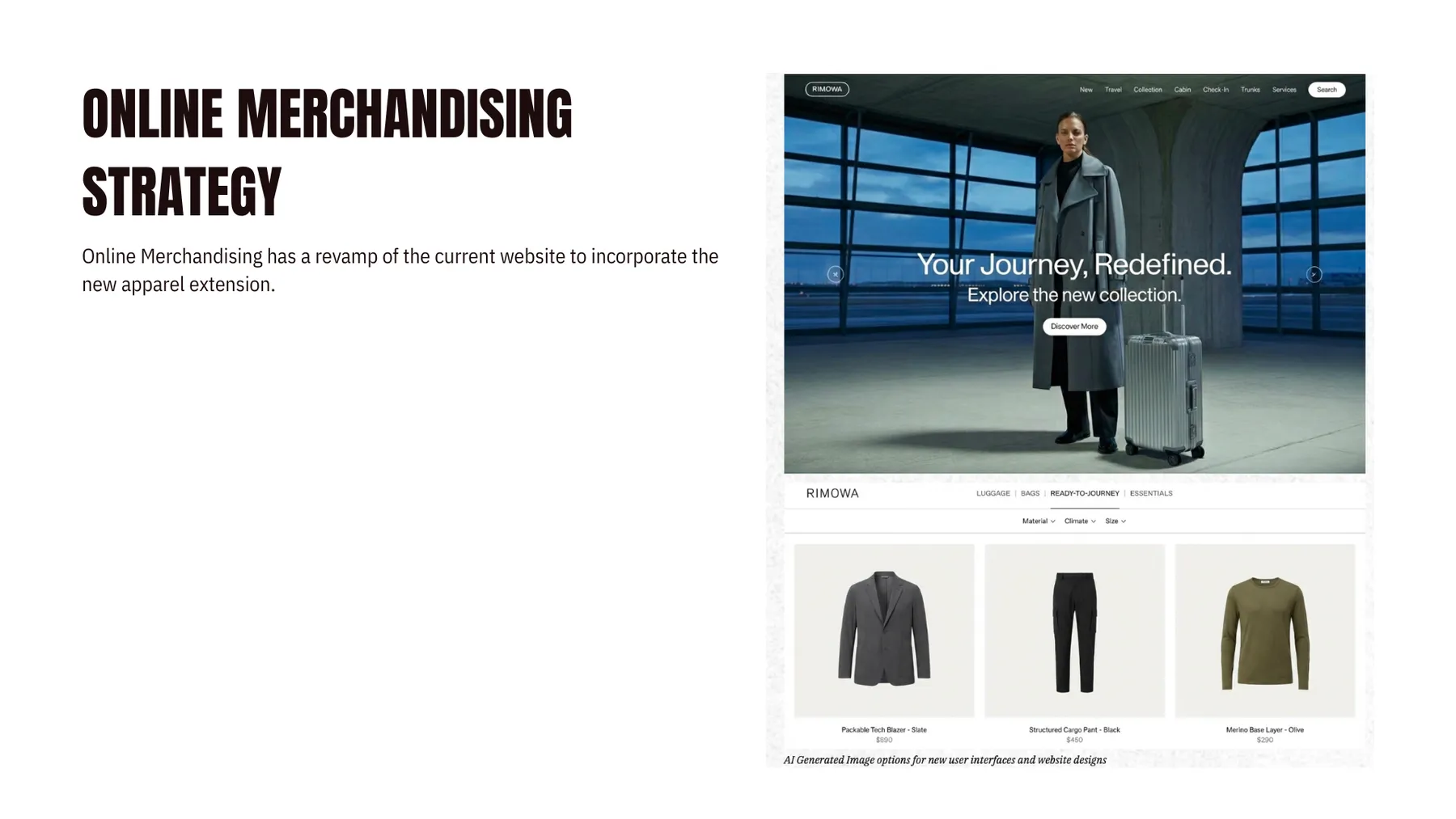 RIMOWA presentation slide: Online merchandising strategy