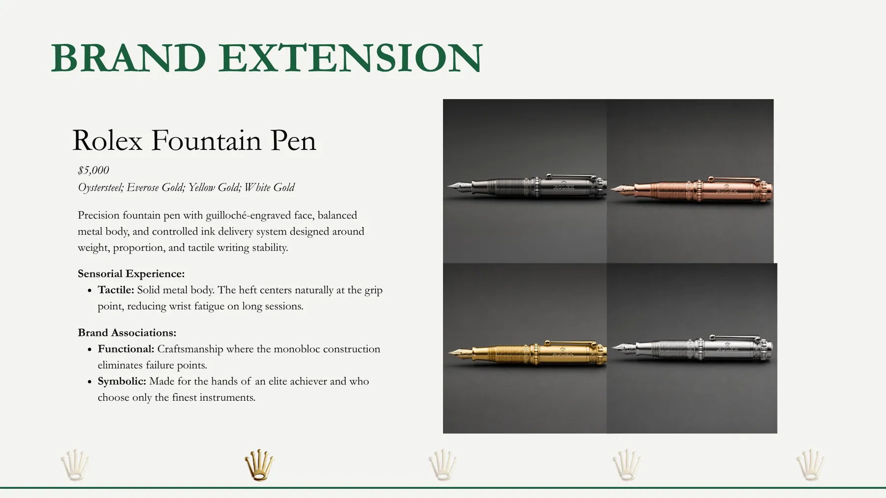 Rolex presentation slide: Brand extension: fountain pen