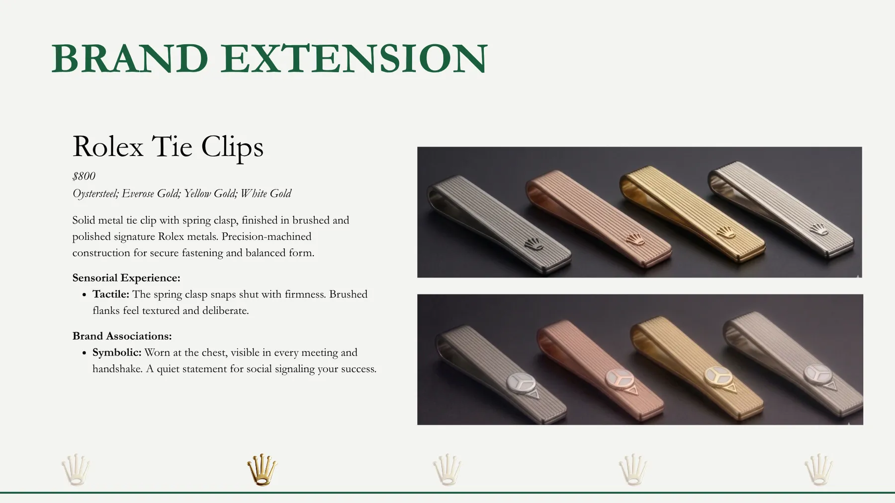 Rolex presentation slide: Brand extension: tie clips