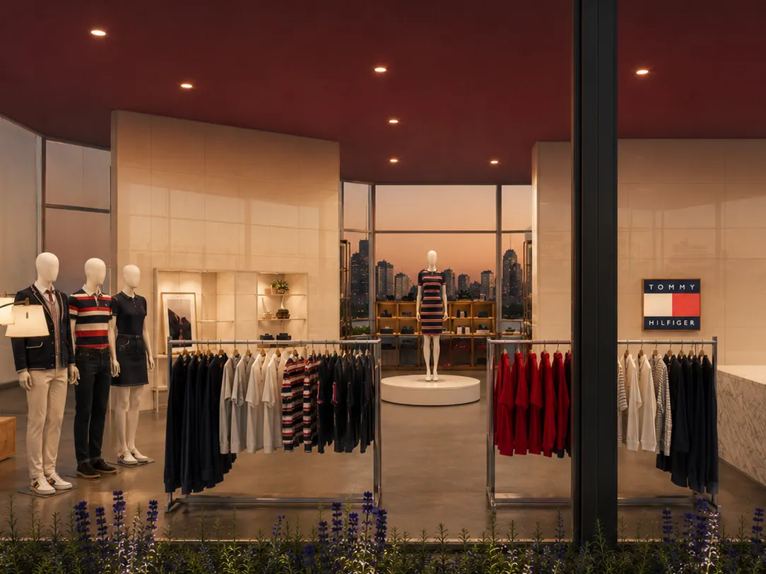 Rendered interior of the pop-up at dusk, with mannequins, clothing rails and the Manhattan skyline