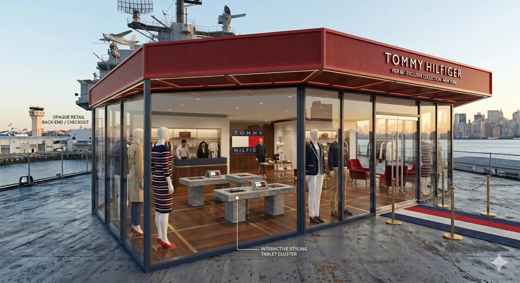 Render made with Google Gemini: side of the pavilion with the city behind it